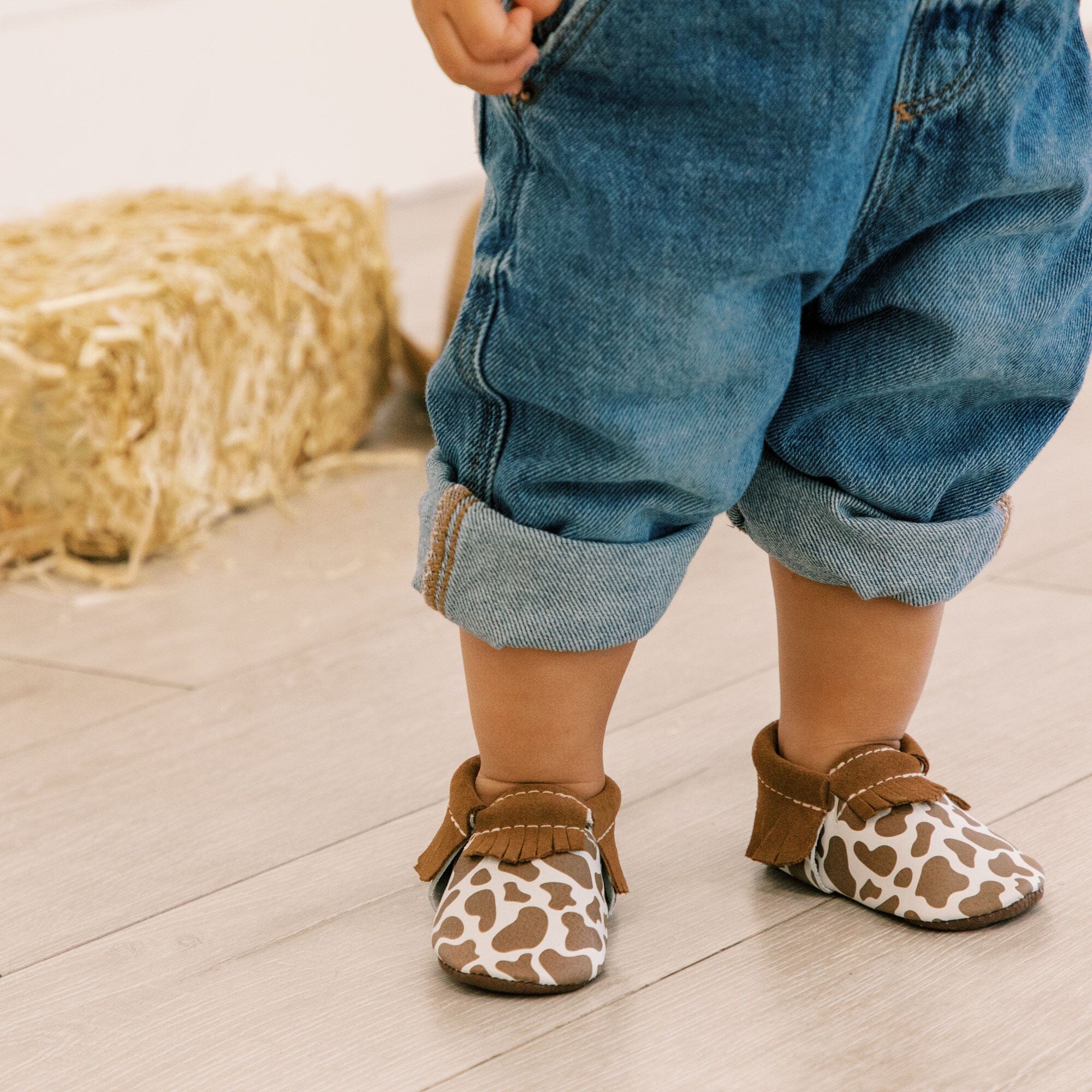 Suede Cow Print Moccasin Baby Shoe - Tenth &amp; Pine - Moccasin - Soft Sole - 1