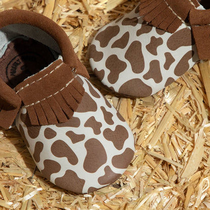 Suede Cow Print Moccasin Baby Shoe - Tenth &amp; Pine - Moccasin - Soft Sole - 1