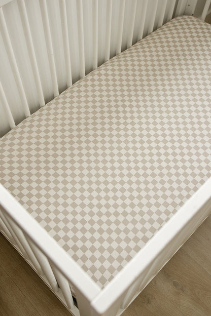 Taupe Checkered Bamboo Stretch Crib Sheet - Tenth &amp; Pine - 