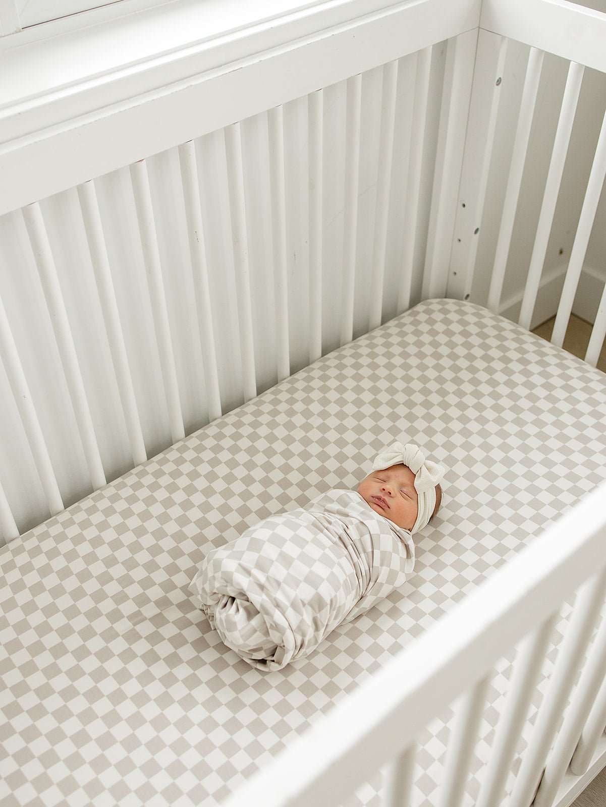 Taupe Checkered Bamboo Stretch Crib Sheet - Tenth &amp; Pine - 