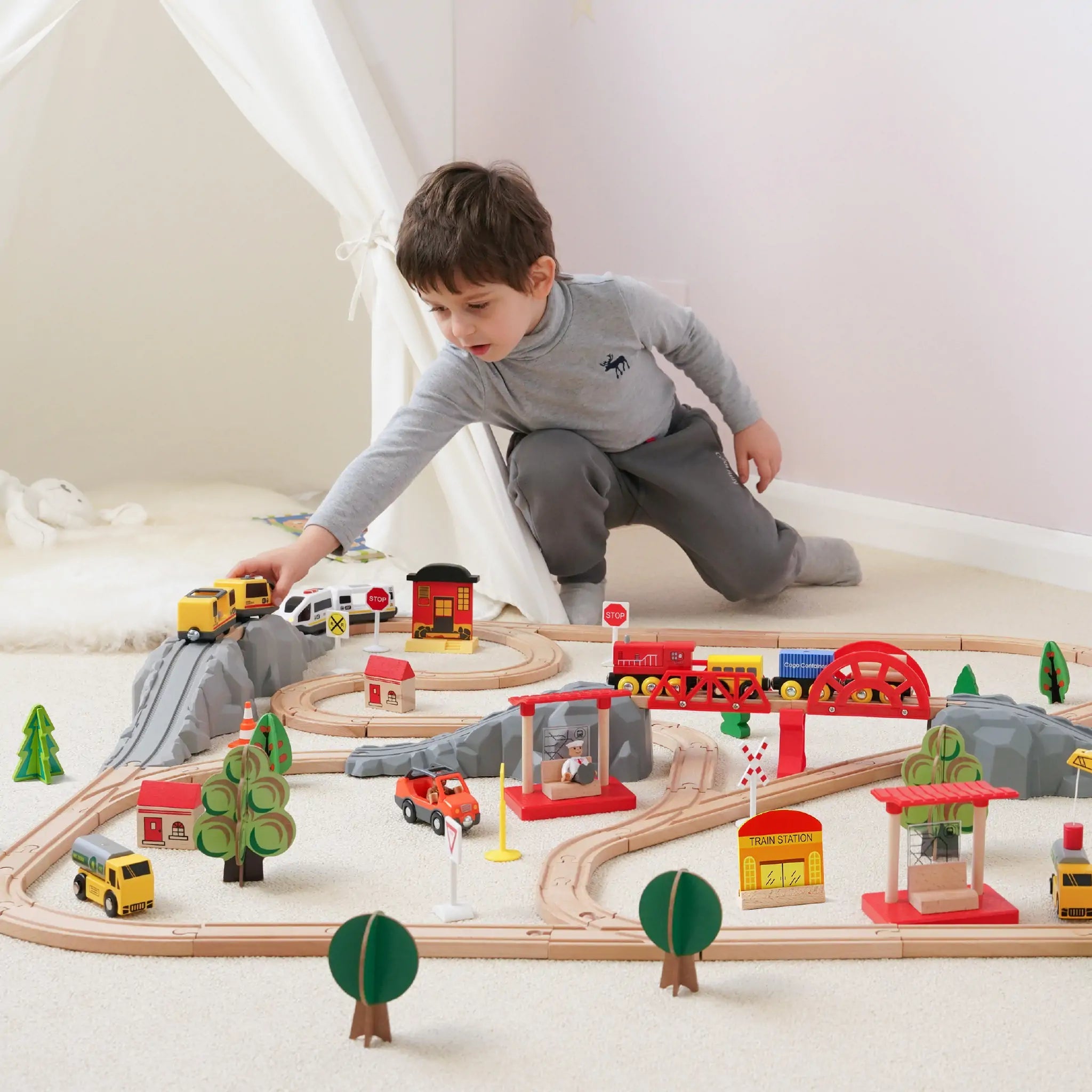 Tiny Land® Wooden Track Trains 55 Pcs - Tenth &amp; Pine - Toy - 