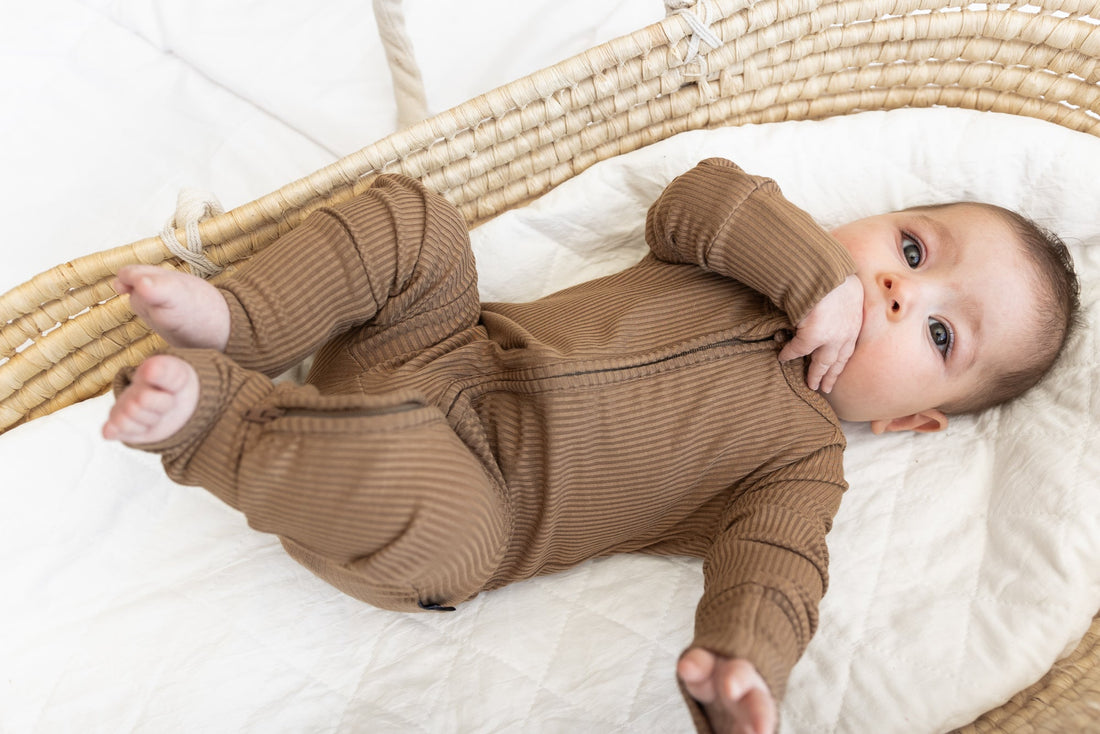 ZIP ROMPER - Mocha Ribbed - Tenth &amp; Pine - zip rompers - ribbed - 0/3m