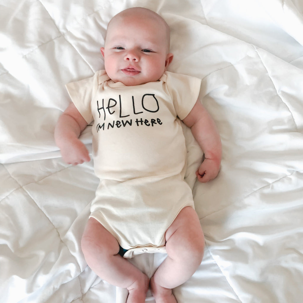 Hello Im New Here - Organic Bodysuit - Black - Tenth and Pine - Organic Baby Clothes