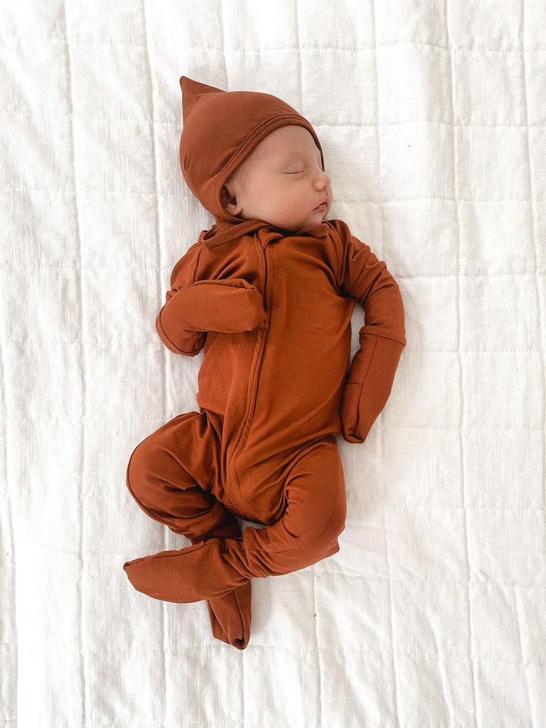 New Fit! Organic Bamboo Viscose 2 Way Zipper Romper + Pixie Bonnet Set - Chestnut - Tenth and Pine - Organic Baby Clothes