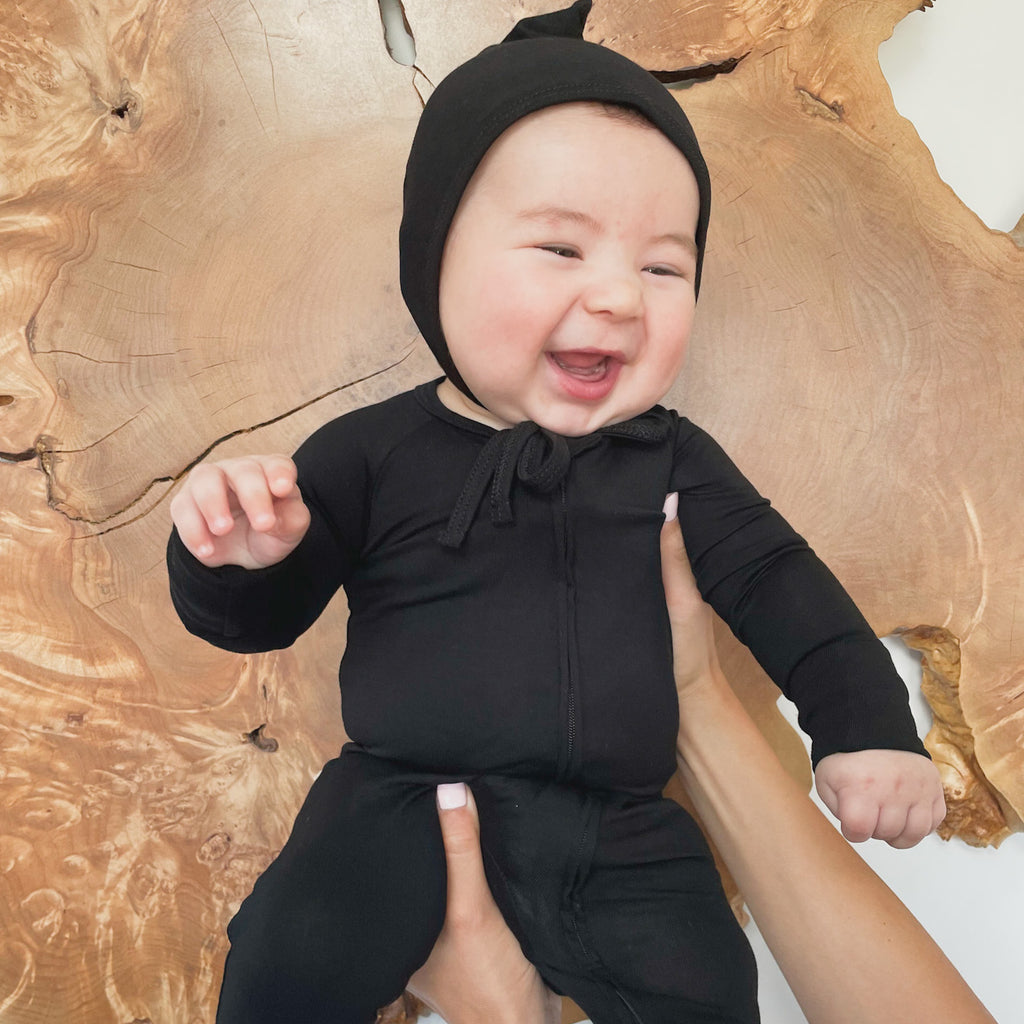 New Fit! Organic Bamboo Viscose 2 Way Zipper Romper + Pixie Bonnet Set - Black - Tenth and Pine - Organic Baby Clothes