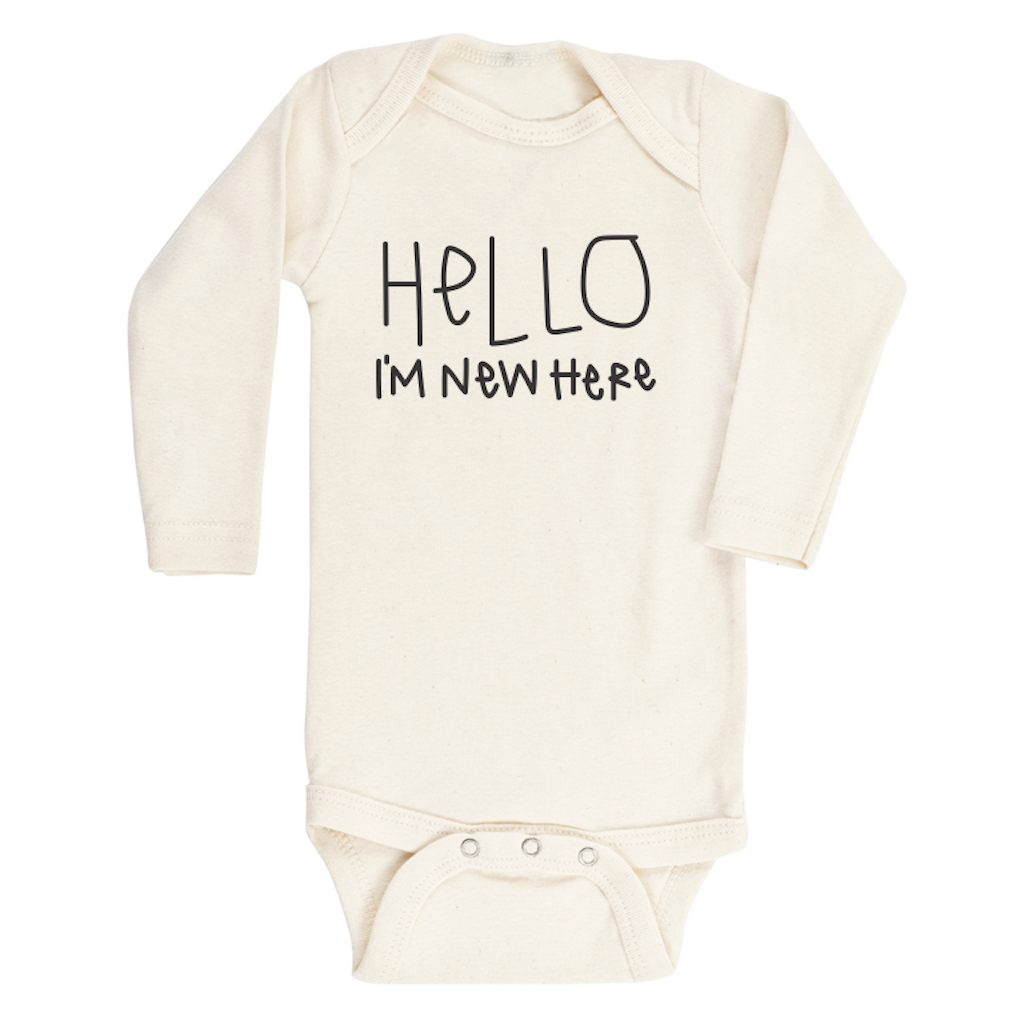 Hello Im New Here - Organic Bodysuit - Long Sleeve - Black - Tenth and Pine - Organic Baby Clothes