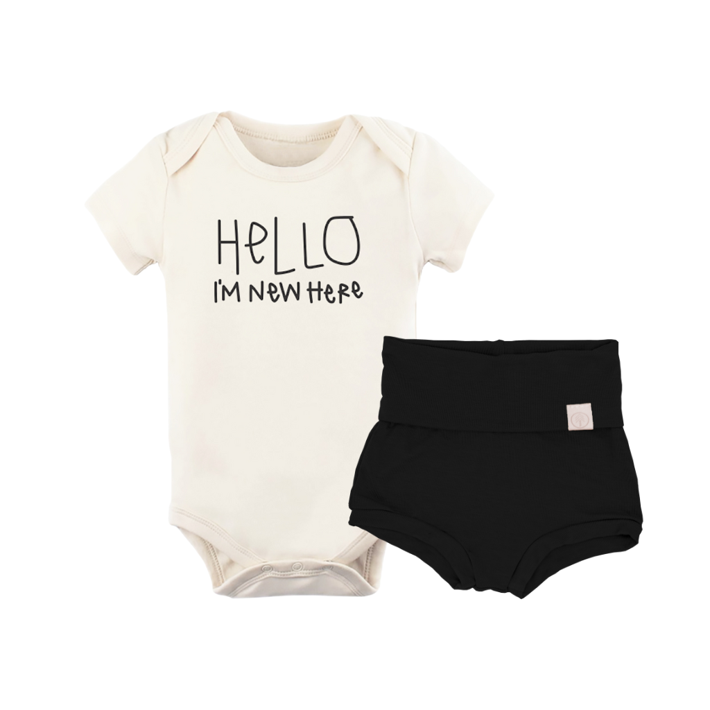 Hello Im New Here - Newborn Bundle Black Bloomers Outfit Set - Tenth and Pine - Organic Baby Clothes