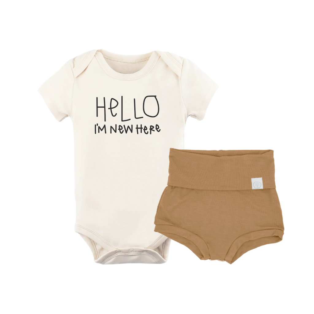Hello Im New Here - Newborn Bundle Clay Bloomers Outfit Set - Tenth and Pine - Organic Baby Clothes