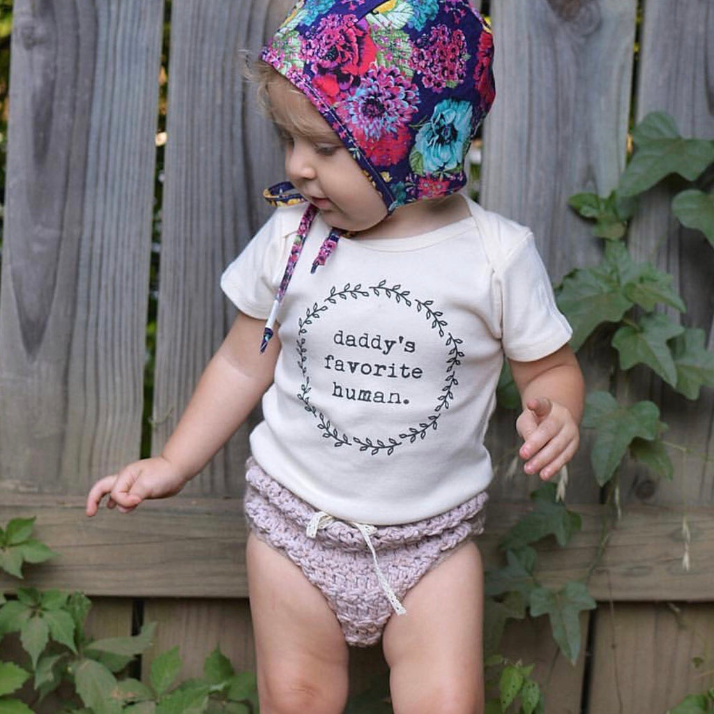 Daddy's Favorite Human, Baby, Girl, Boy, Infant, Toddler, Newborn, Organic, Bodysuit, Outfit, One Piece, Unisex, Gender Neutral, Boho, laurel, wreath, cream, natural color, onsie, onesie, onzie, floral baby bonnet, knitted bloomers, fathers day baby gift